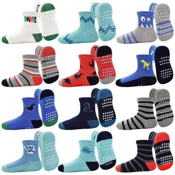 Toddler Grip Socks 12 Pairs Non Slip Baby Socks Cute Crew Anti Skid Socks for 0-7 Years Baby Boys Kids (02 Dinosaurs,1-3T)