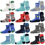 Toddler Grip Socks 12 Pairs Non Slip Baby Socks Cute Crew Anti Skid Socks for 0-7 Years Baby Boys Kids 02 Dinosaurs,1-3T