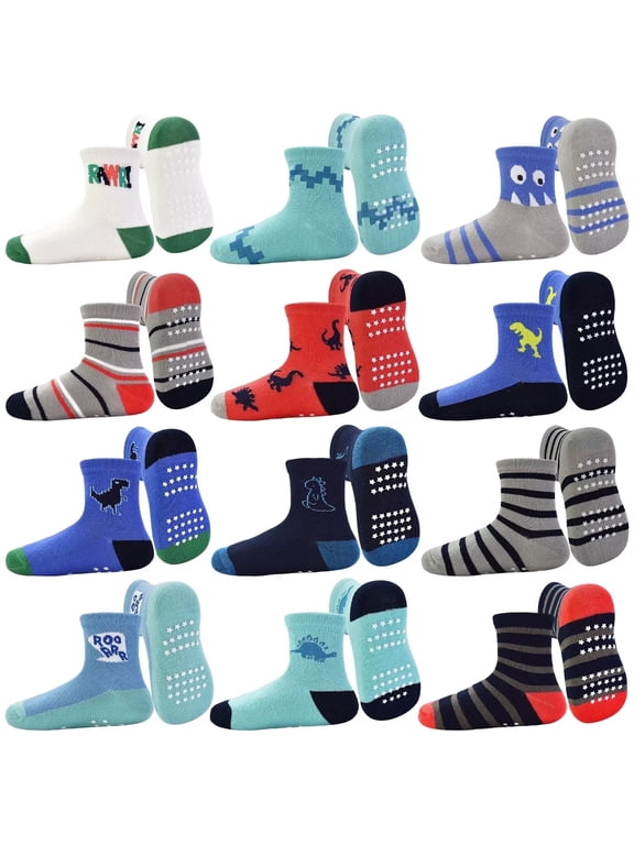Toddler Grip Socks 12 Pairs Non Slip Baby Socks Cute Crew Anti Skid Socks for 0-7 Years Baby Boys Kids (02 Dinosaurs,6-12 Months)
