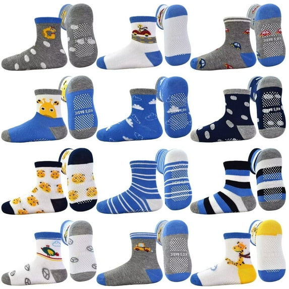 Toddler Grip Socks 12 Pairs Non Slip Baby Socks Cute Crew Anti Skid Socks for 0-7 Years Baby Boys Kids (03 Giraffe,5-7 Years)