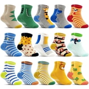 Toddler Grip Socks 15 Pairs, Kids Boys Non Slip Cartoon Crew Socks with Grips 1-7 Years