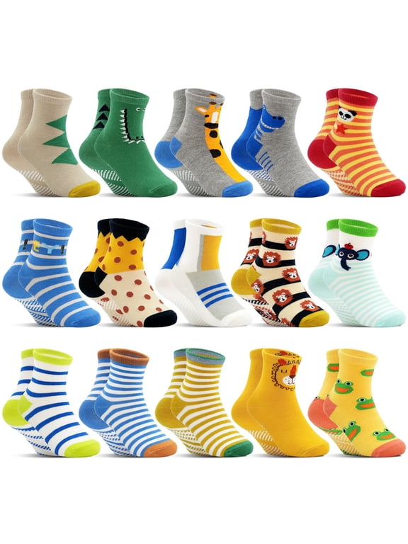 Toddler Grip Socks 15 Pairs, Kids Boys Non Slip Cartoon Crew Socks with Grips 1-7 Years
