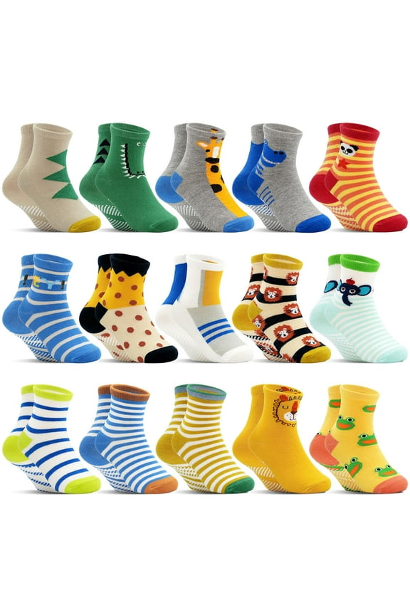 Toddler Grip Socks 15 Pairs, Kids Boys Non Slip Cartoon Crew Socks with Grips 1-7 Years