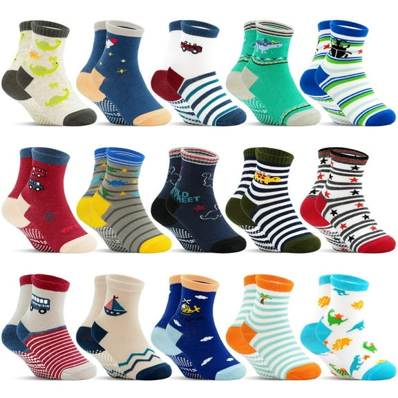 Toddler Grip Socks 15 Pairs, Kids Boys Non Slip Cartoon Crew Socks with Grips 1-7 Years