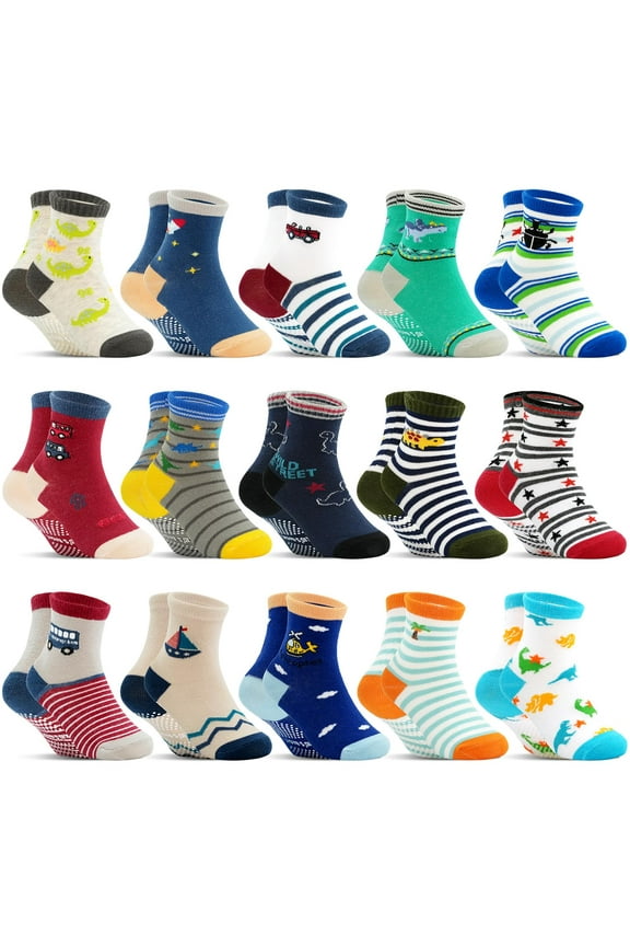 Toddler Grip Socks 15 Pairs, Kids Boys Non Slip Cartoon Crew Socks with Grips 1-7 Years