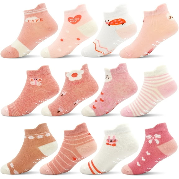 Toddler Grip Socks Non Slip Toddler Socks 12 Pairs Girls Ankle Socks with Grippers for 1-7 Years Girls Children(04 Butterfly Style,1-3T)