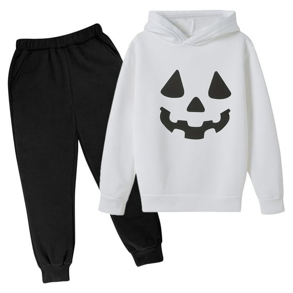 Toddler Halloween Costume Sweatsuit Girl Warm Print Hooded Tops Sweat Pants 2 Piece Kids Festival Clothes Set, White, 5 Years