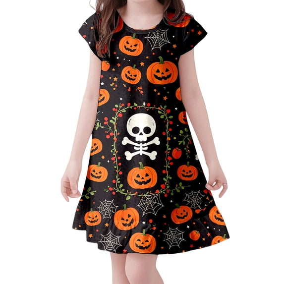 Toddler Halloween Dress Flutter Sleeve Printed Girls Casual Dress For Halloween Daily Party Wear Breathable Polyester Fabric
