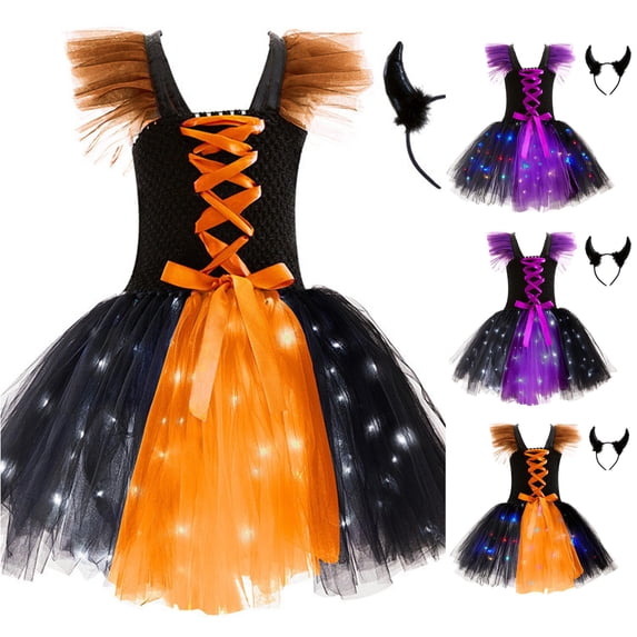 Toddler Halloween Girls Dress LED Sleeveless Mesh Tutu Dress Party