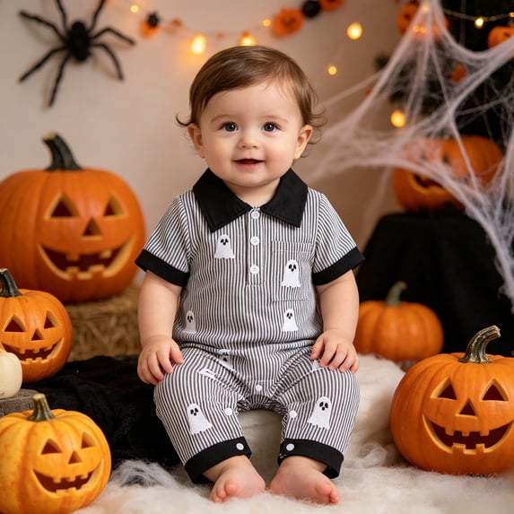 Toddler Halloween Romper, Striped Button Down Onesie with Snap Closure for Baby 3-18 Months