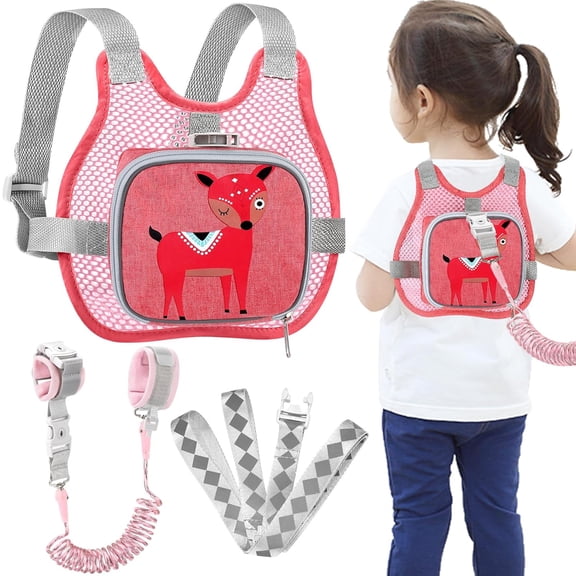 Toddler Harness & Leash + Anti-Lost Wrist Link; Cute Deer-Themed Harness & Leash; Foldable Toddler Walking Harness with Breathable Pocket and Wrist Link Safety Tether.