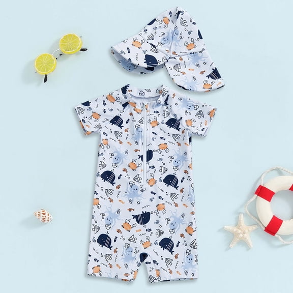 Toddler Hat One Piece Dinosaur Coconut Tree Pattern Short Sleeved Printed Swimsuit Yellow 2 Y-3 Y