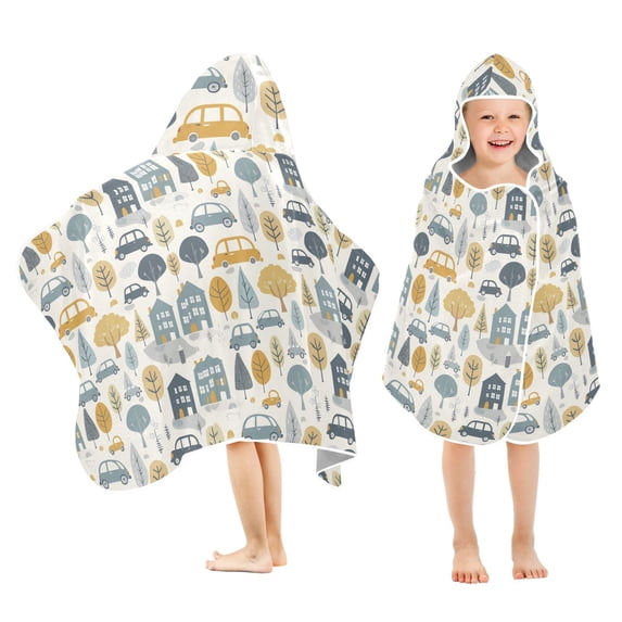 Toddler Hooded Beach Towel 24x50 Kids Bath Towels Soft Quick Dry for Swim Pool Boys Girls Cars Tree Building