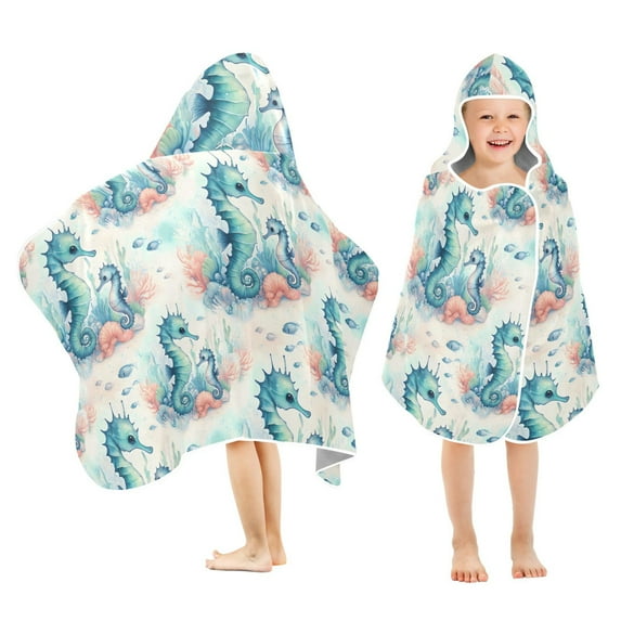Toddler Hooded Beach Towel 24x50 Kids Bath Towels Soft Quick Dry for Swim Pool Boys Girls Cute Seahorse and Seaweed