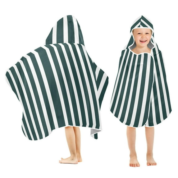 Toddler Hooded Beach Towel 24x50 Kids Bath Towels Soft Quick Dry for Swim Pool Boys Girls Dark Green and White Striped