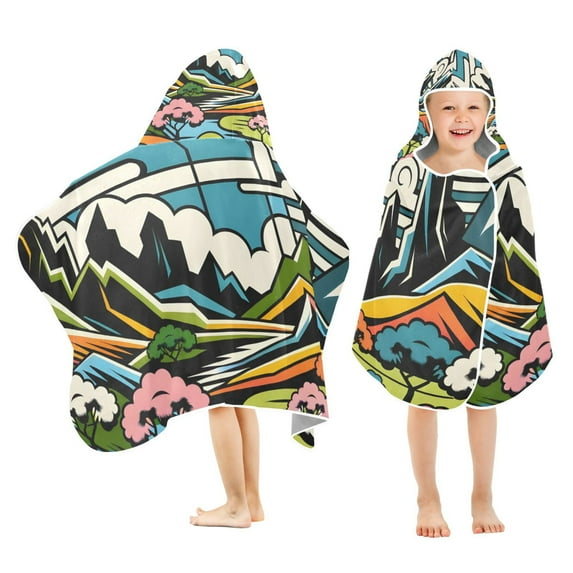 Toddler Hooded Beach Towel 24x50 Kids Bath Towels Soft Quick Dry for Swim Pool Boys Girls Vibrant Woodblock Landscapes