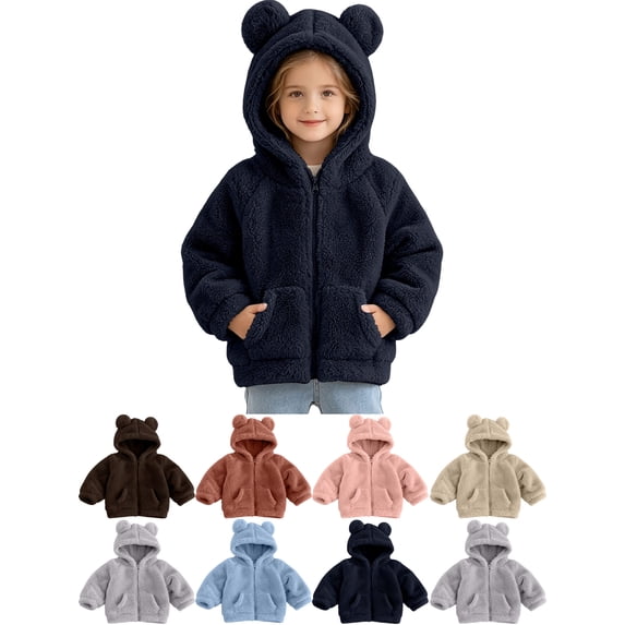 Toddler Hooded Jacket, Ultra Soft Bear Ear Fleece Zip‑Up Coat with Pockets, Warm Unisex Kids Casual Outerwear