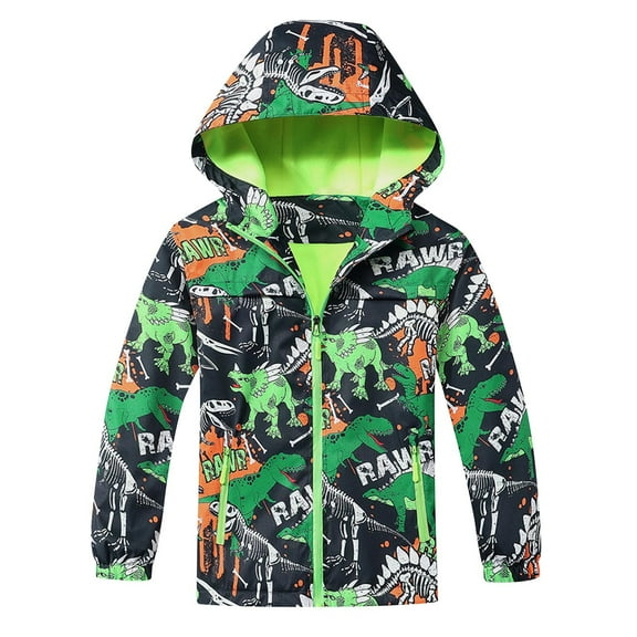 Toddler Hooded Windproof Jacket Boys Fashion Dinosaur Print Zipper Jackets Children's Winter Long Sleeve Waterproof Windbreaker Casual Coats Outwears