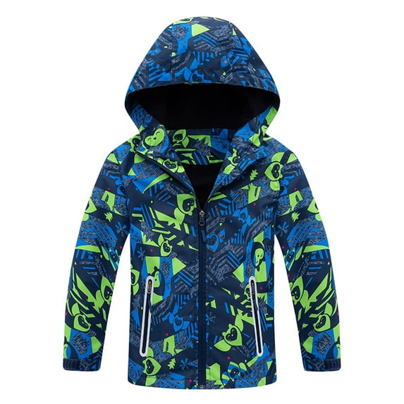 Toddler Hooded Windproof Jacket Boys Fashion Print Zipper Jackets Children's Winter Long Sleeve Waterproof Windbreaker Casual Coats Outwears