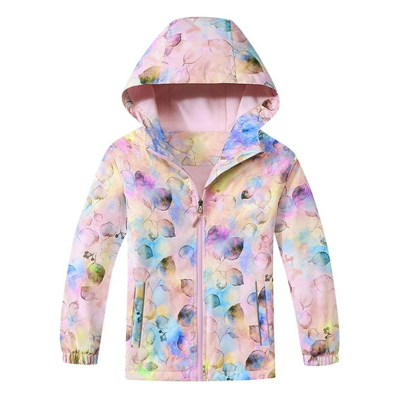 Toddler Hooded Windproof Jackets Girls Fashion Floral Print Zipper Jackets Children's Winter Long Sleeve Waterproof Windbreaker Casual Coats Outwears