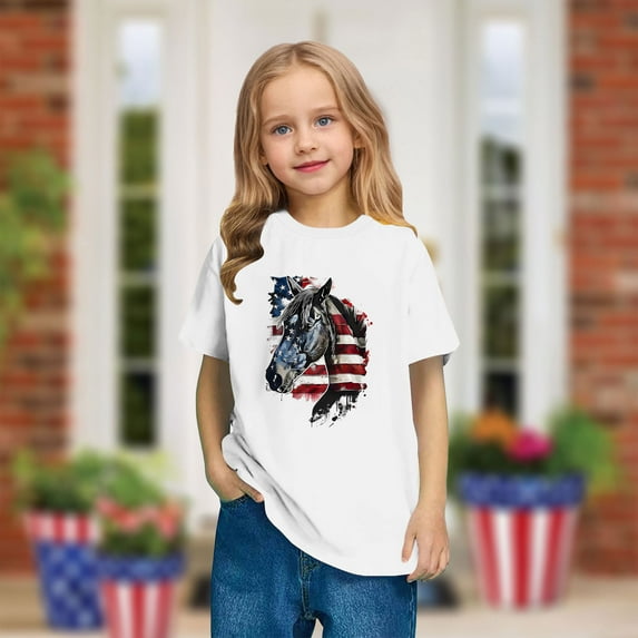 Toddler Independence Day T-Shirt Kids Patriotic Short Sleeve Shirt Boys Girls Summer Casual Round Neck Cotton Top White 4-5 Years