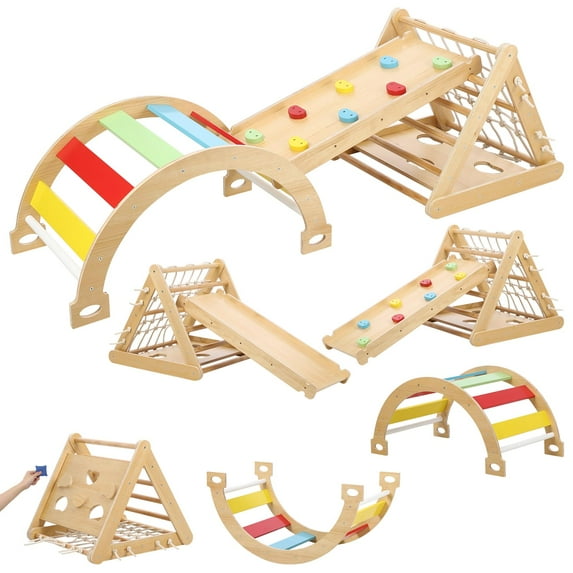 Toddler Indoor Gym Playset, 3 in 1 Wooden Climbing Toys, 3-Sided Wooden Triangle Climber with Climbing Net,Sliding Ramp, Sandbags & Board for Kids Boys Girls Indoor Gym Playset Gift,Home & Daycare
