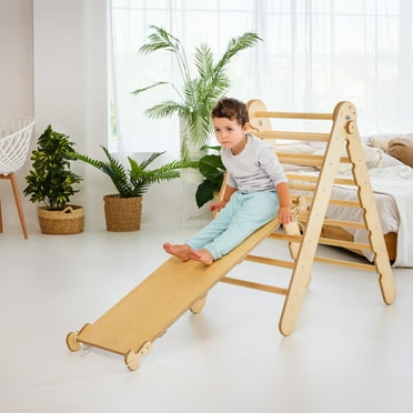 Toddler Indoor Play Equipment 2in1: Foldable Triangle Ladder and Slide/Climbing Board - Montessori Playground for Kids and Babies