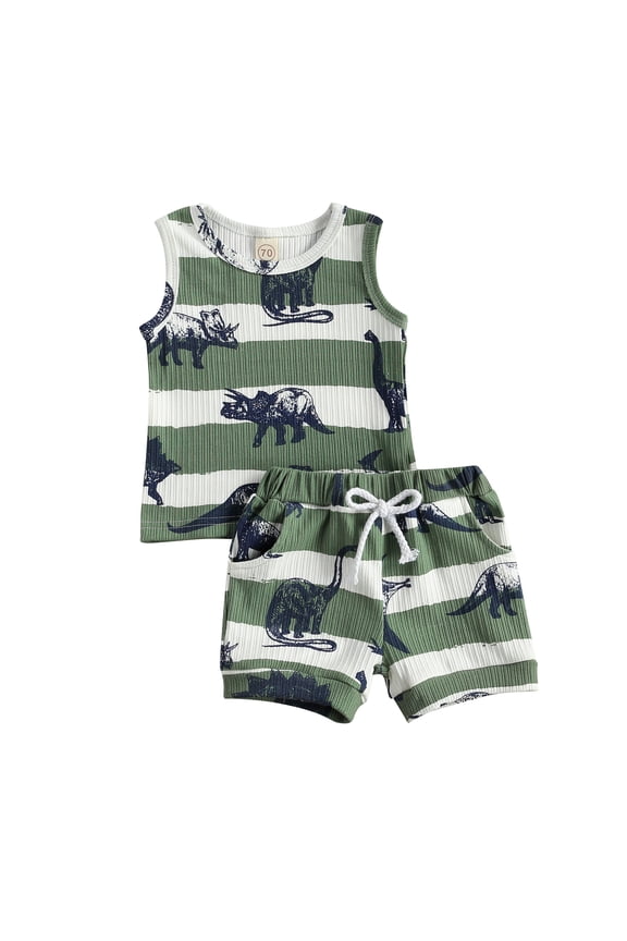 Toddler Infant Baby Boy 2Pcs Summer Outfits Set Dinosaur Print Sleeveless Tank Vest Top+Drawstring Pocket Shorts