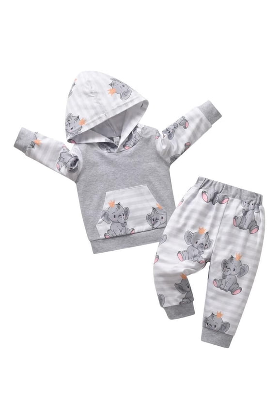 Toddler Infant Baby Boy Clothes Elephant Style Long Sleeve Hoodies + Long Pants Fall Winter Outfits Set Gray 12-18 Months