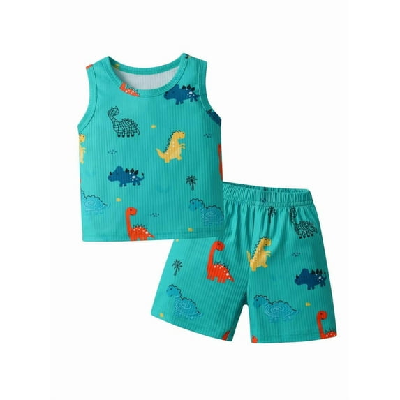 Toddler Infant Baby Boy Clothes Set Dinosaur Sleeveless Shirt Shorts Summer Outfits Blue 6-9 Months