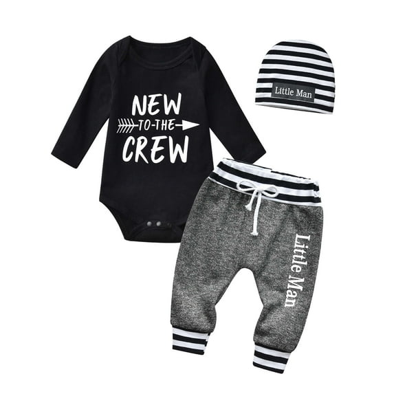 Newborn Infant Baby Boy Clothes Long Sleeve Romper Pants Headband Hat Outfits Set ( 0-3 Months, Black)