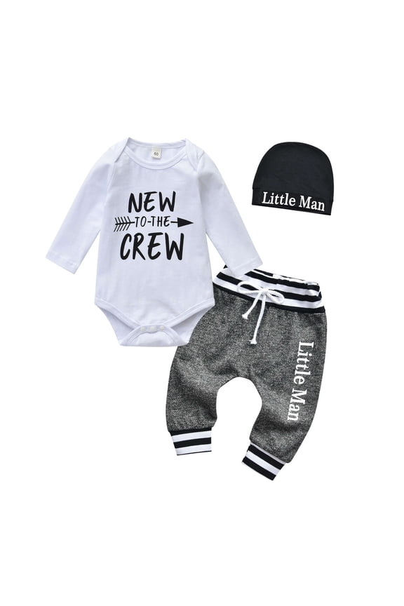 Newborn Infant Baby Boy Clothes Long Sleeve Romper Pants Headband Hat Outfits Set ( 0-3 Months, White)