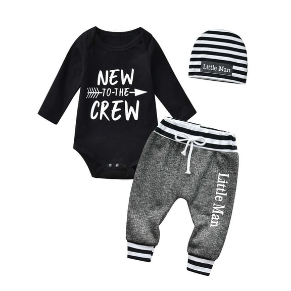 Newborn Infant Baby Boy Clothes Long Sleeve Romper Pants Headband Hat Outfits Set ( 3-6 Months, Black)