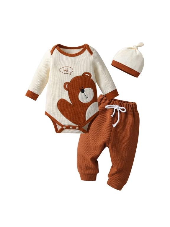 Newborn Infant Baby Boy Clothes Long Sleeve Romper Pants Headband Hat Outfits Set ( 3-6 Months, Brown)
