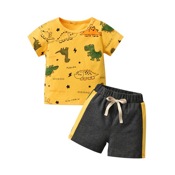 Toddler Infant Baby Boy Dinosaur Clothes Set Short Sleeve T-Shirt Tops Shorts Summer Outfits ( 3-6 Months, Dark yellow)