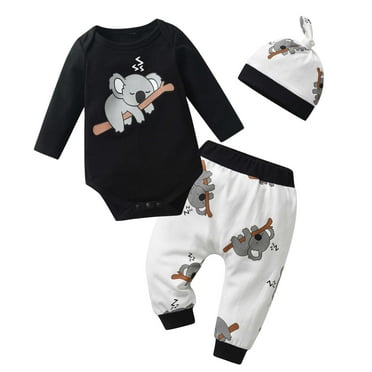 Newborn Infant Baby Boy Clothes Long Sleeve Romper Pants Headband Hat Outfits Set ( 6-9 Months, Black)