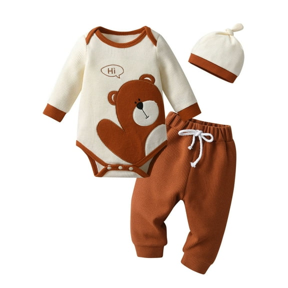 Newborn Infant Baby Boy Clothes Long Sleeve Romper Pants Headband Hat Outfits Set ( 6-9 Months, Brown)