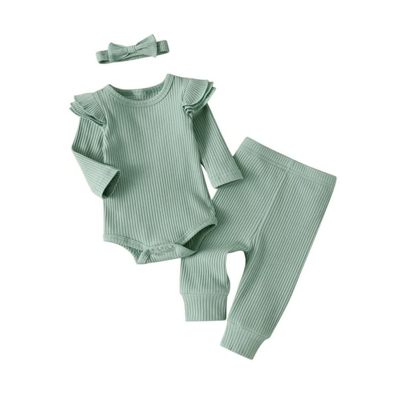 Newborn Infant Baby Girl Clothes Long Sleeve Romper Pants Headband headband Outfits Set ( 0-3 Months, Green)