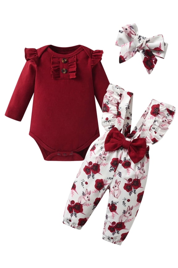 Newborn Infant Baby Girl Clothes Long Sleeve Romper Pants Headband headband Outfits Set ( 6-9 Months,Red)