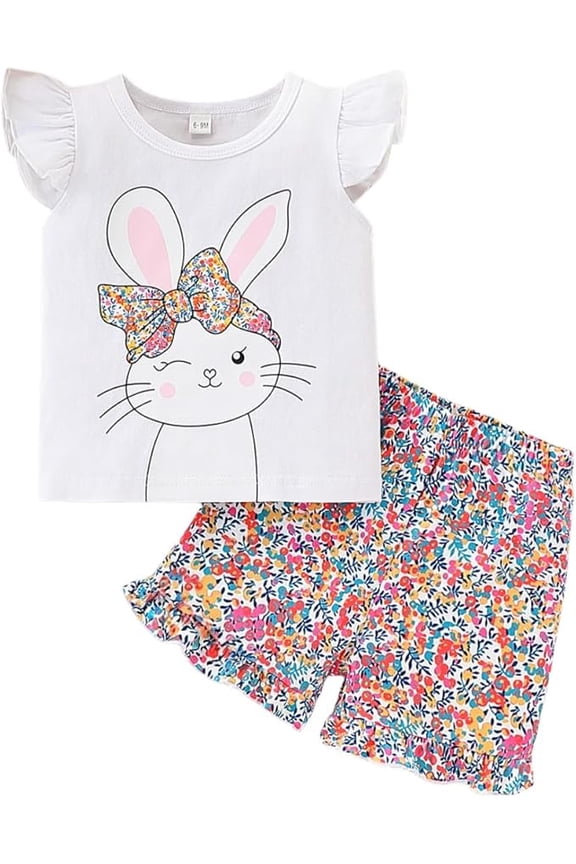 Toddler Infant Baby Girl Summer Clothes Short Sleeve Rabbit Printed Tops and Floral Shorts Outfits Set