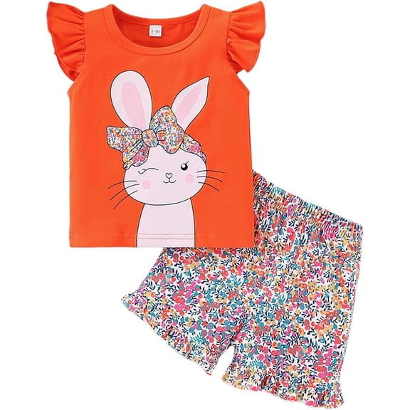 Toddler Infant Baby Girl Summer Clothes Short Sleeve Rabbit Printed Tops and Floral Shorts Outfits Set