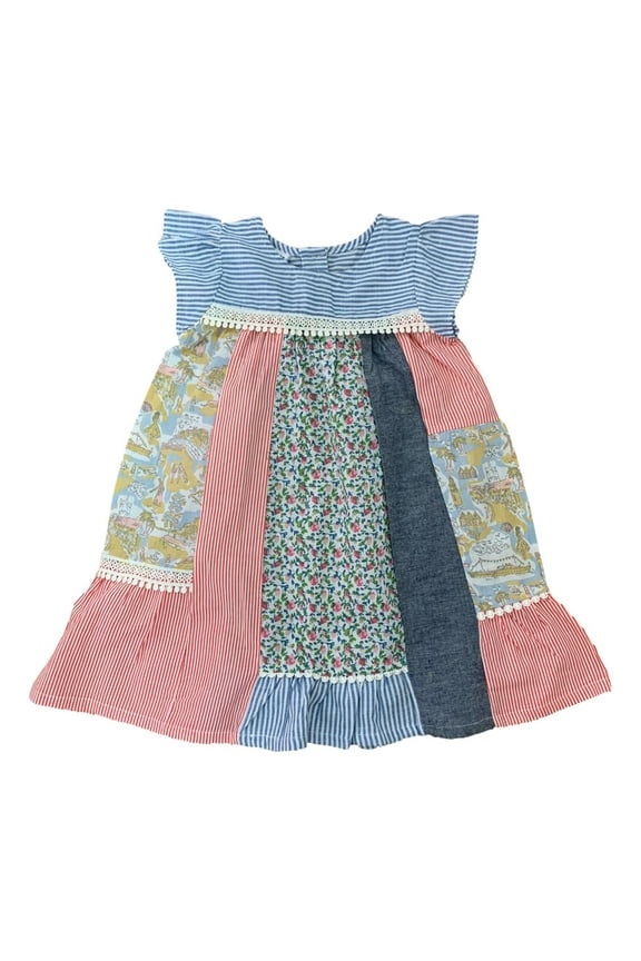 Toddler Infant Girls Blue Stripe Patchwork & Lace Detail Dress 4T