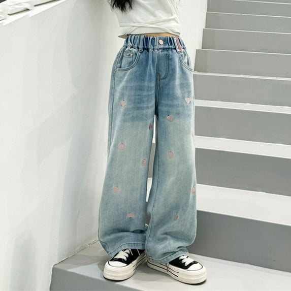 Toddler Jeans Girls Toddler Bell Bottoms Embroidered Jeans High Waisted Wide Leg Jean with Pockets for Girls 6-7 Years