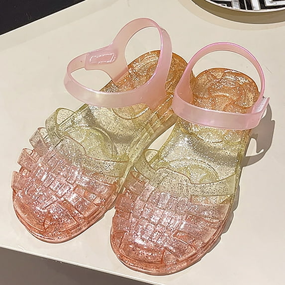Toddler Jelly Sandals for Girls T-Strap Soft Clear Flats Slippers Retro Summer Beach Glitter Slingback