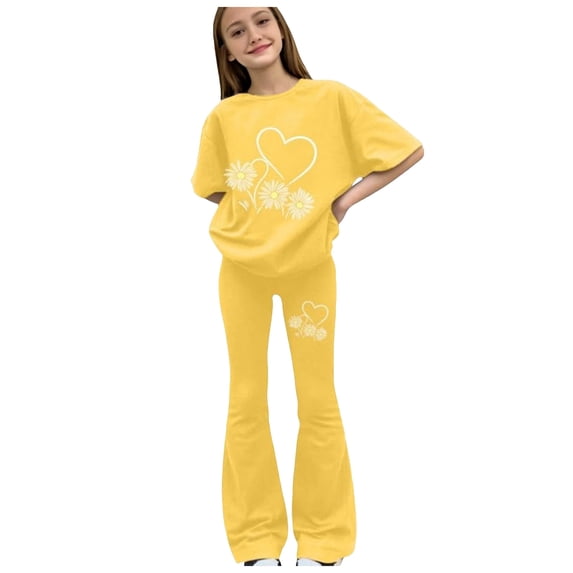 Toddler Jogger Pants Set Girls 2 Piece Outfits Short Sleeve Tops & Flared Pants Kids Teen Trendy Summer Clothing Set, Size 7-14 Years