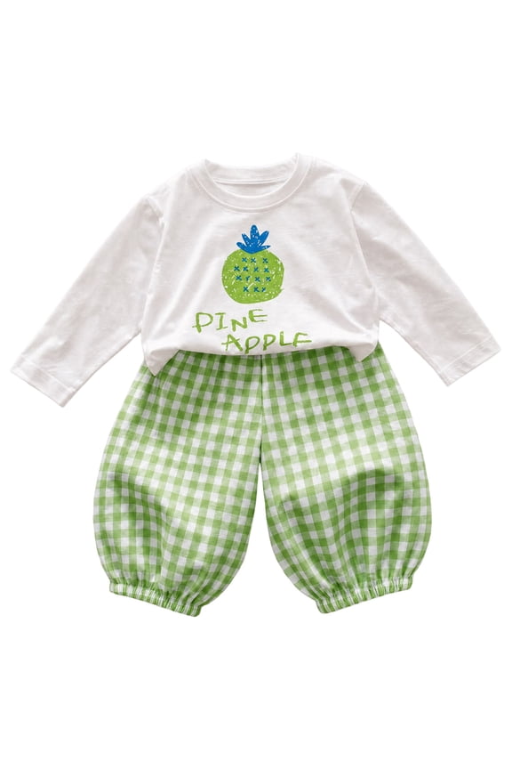 Toddler Jogger Pants Set Toddler Girl Back to School Clothes Fruits Plaid Doll Collar Puff Sleeve Tops Ruffled Pants Set Infant Fall Outfit