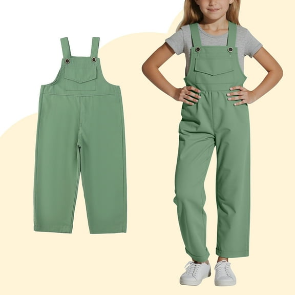 Toddler Jumpsuit Girl Kids Casual Sleeveless Overalls Girls Loose Rompers with Pockets Green Jumpsuit Size 3-4 Years Girls Summer Clothes