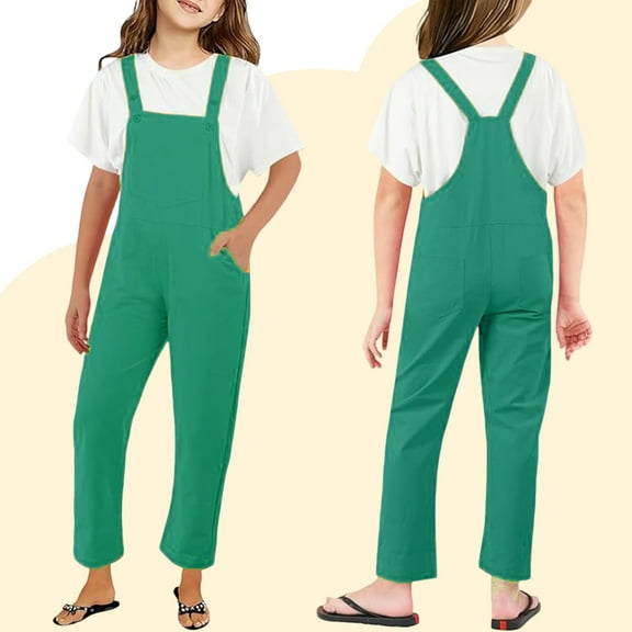Toddler Jumpsuit Girl Kids Casual Sleeveless Romper Girls Loose Rompers with Pockets Green Jumpsuits Kids Summer Clothes Girls Size 2-3 Years