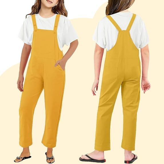 Toddler Jumpsuit Girl Kids Casual Sleeveless Romper Girls Overalls with Pockets Yellow Jumpsuits Back to School Outfits 2-3 Years