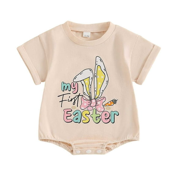 Toddler Jumpsuit Boy Girl Easter Bunny Prints Short Sleeve Buble Romper Jumpsuit Shirt Boy Romper Khaki 6 Months-12 Months